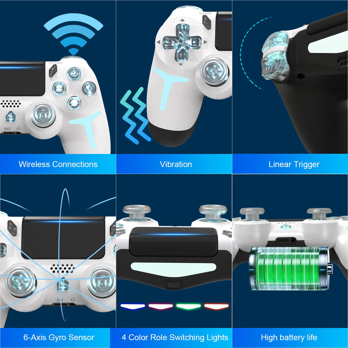 Mando de juego inalámbrico GAMINJA P412 para PS4 / PS3 / PC | Bluetooth, Iluminación RGB, Doble vibración