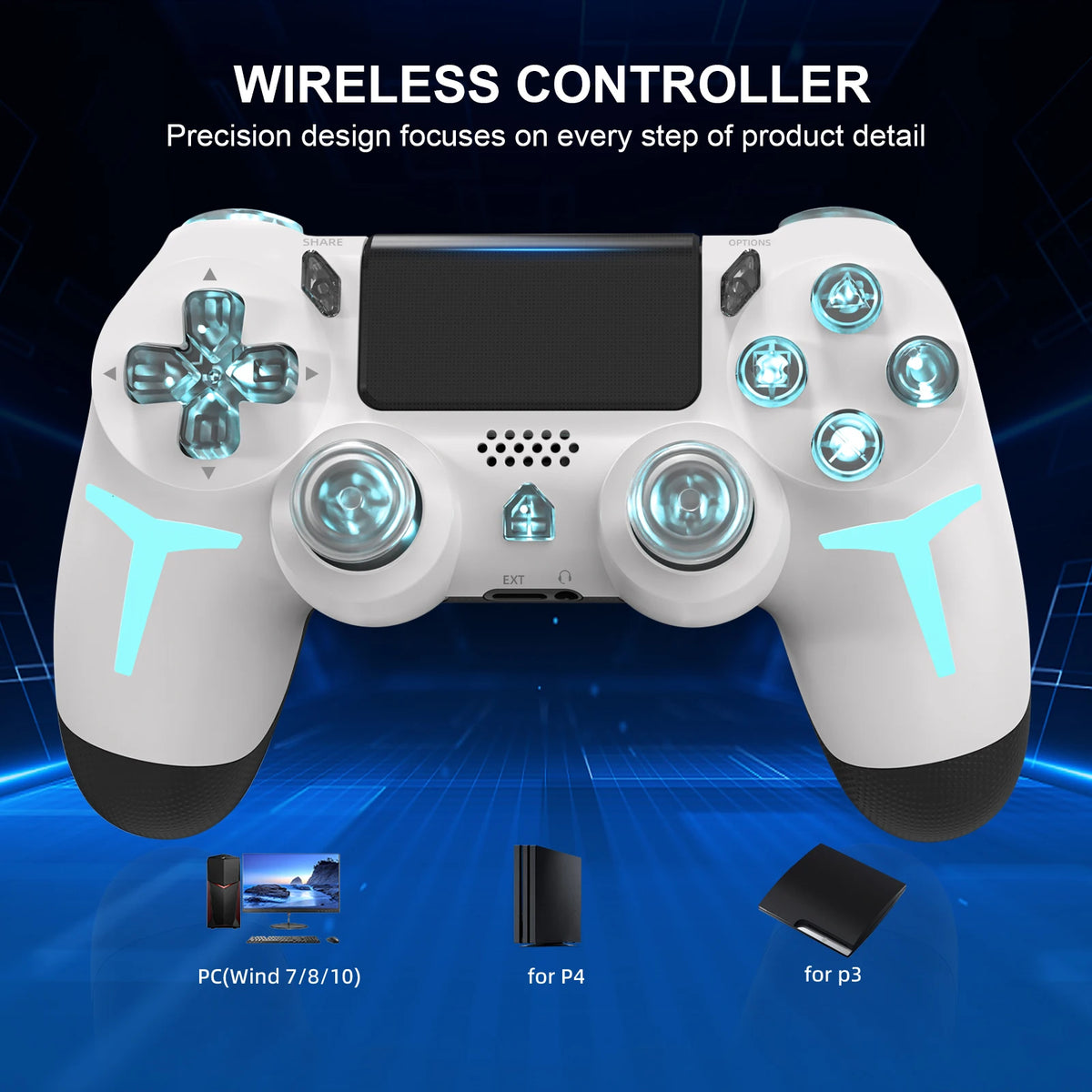 Mando de juego inalámbrico GAMINJA P412 para PS4 / PS3 / PC | Bluetooth, Iluminación RGB, Doble vibración