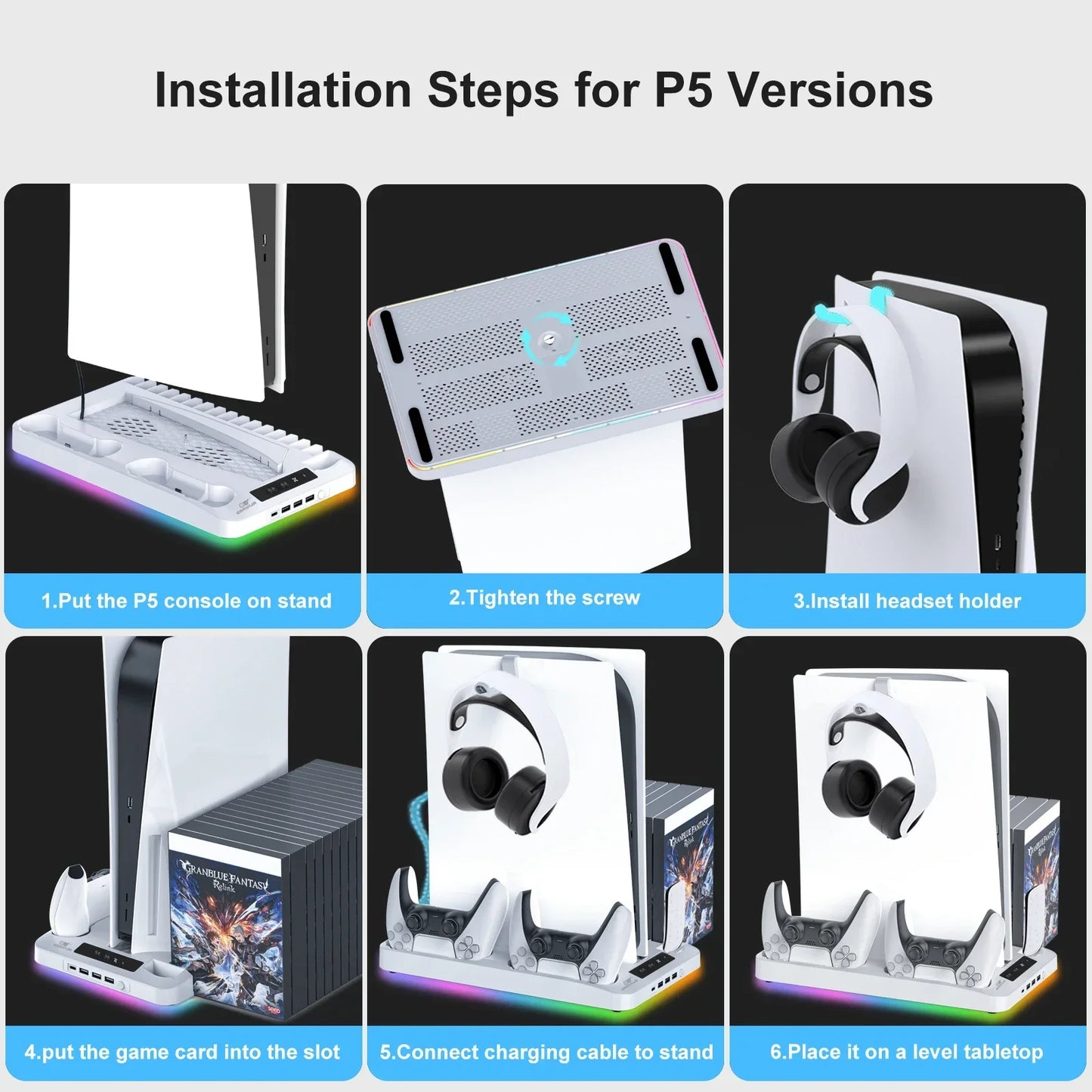 GAMINJA P58 RGB Cooling Stand For PS5 Slim Console Gamepad Charging Base