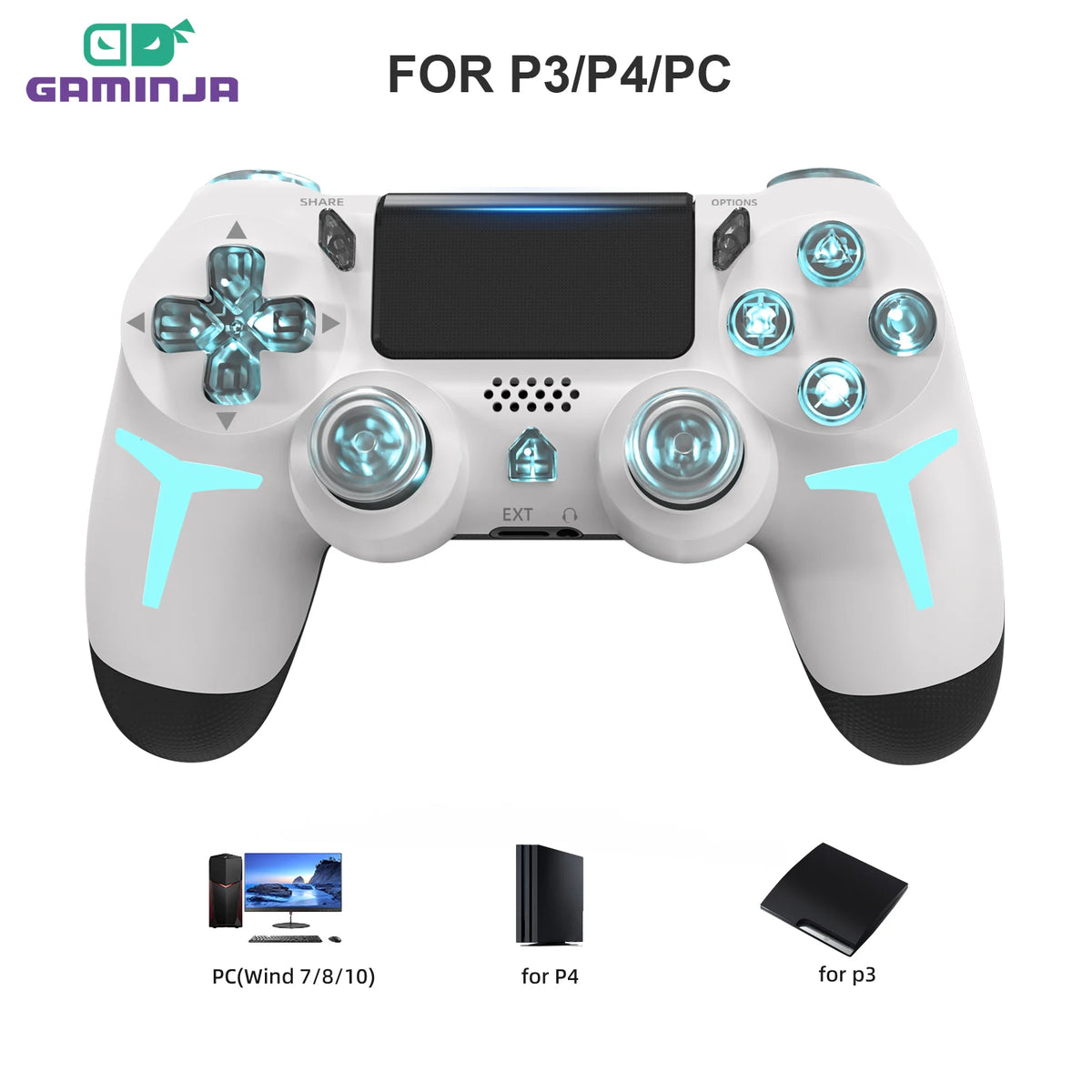 Mando de juego inalámbrico GAMINJA P412 para PS4 / PS3 / PC | Bluetooth, Iluminación RGB, Doble vibración