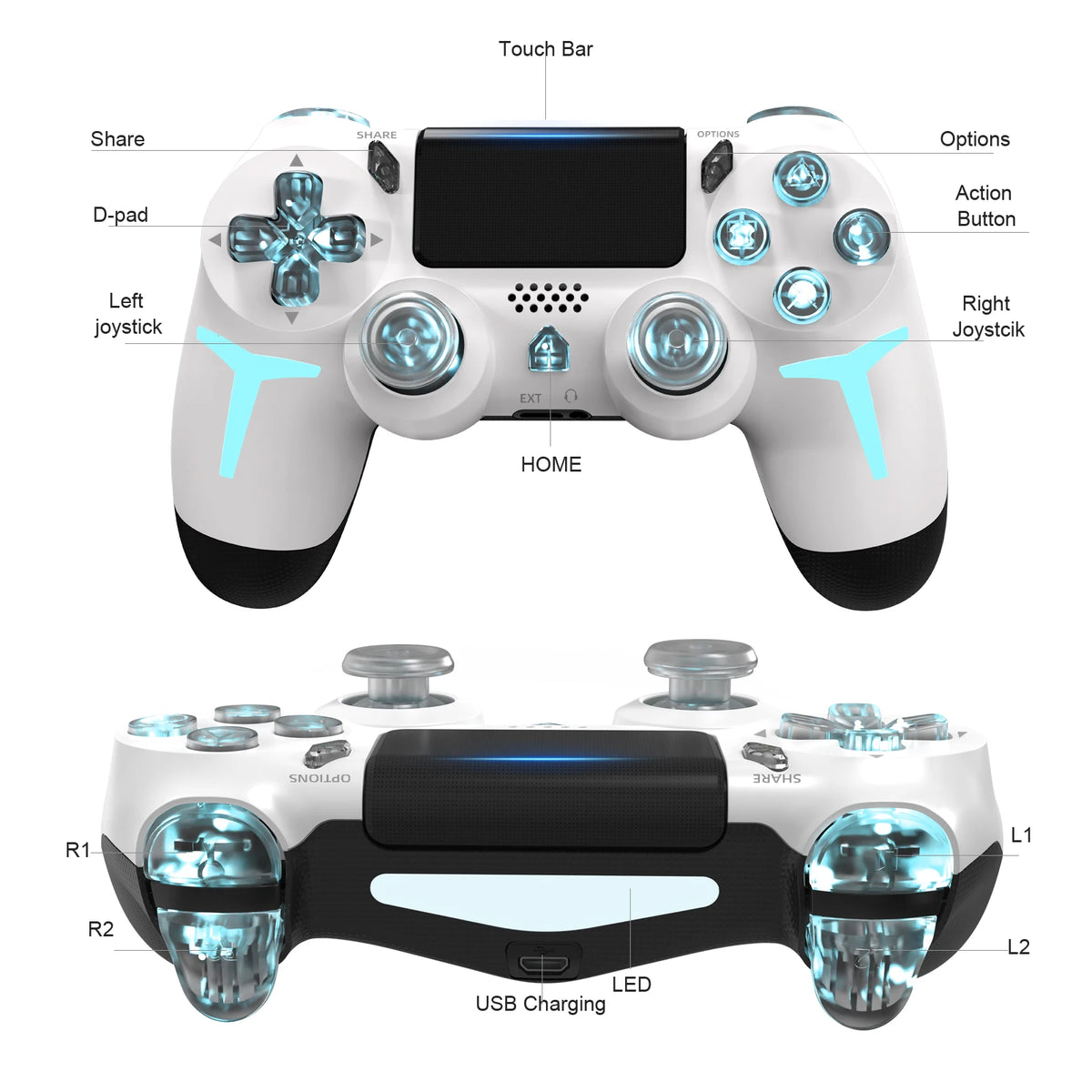 Mando de juego inalámbrico GAMINJA P412 para PS4 / PS3 / PC | Bluetooth, Iluminación RGB, Doble vibración
